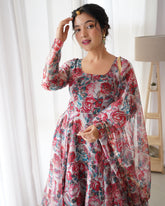 Maroon Color Floral Printed Pure Organza Soft Silk Anarkali